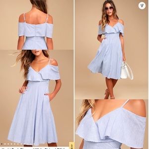 Lulus blue & white striped off shoulder midi dress
